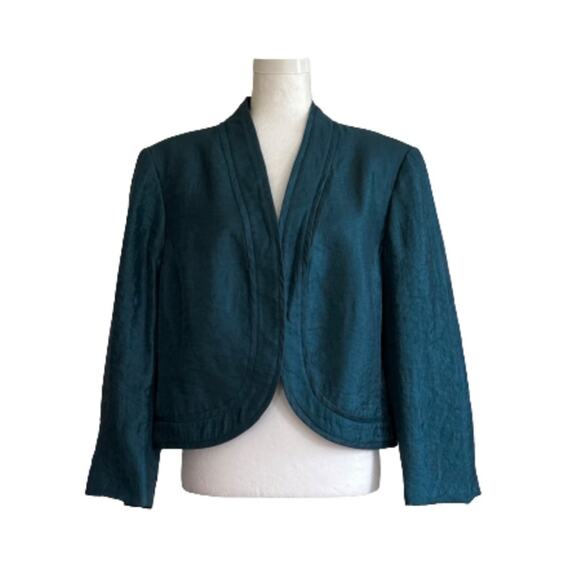 Kasper Blazer Jacket Teal Blue Green Sheen Open Front 3/4 Sleeve Short Size 18 - Picture 1 of 11